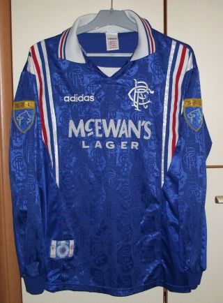 Rare Vintage Rangers1996 - 1997 Home Football Shirt Jersey Adidas Long Sleeve Sz L