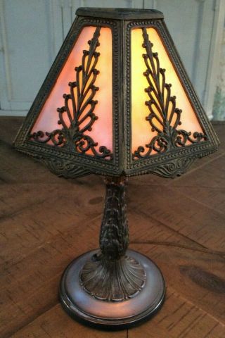 Antique Signed Bradley & Hubbard 6 Panel Slag Glass Boudoir Lamp 12 " Tall
