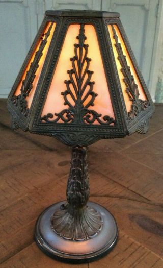 Antique signed Bradley & Hubbard 6 panel slag glass Boudoir Lamp 12 