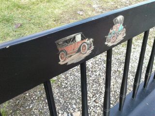 Vintage Wooden Black Deacons Bench w/ Antique Car Decals 5