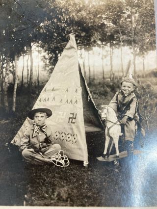 Vintage Photo Postcard Kids Playing Cowboy Indians With Tee Pee Swastika
