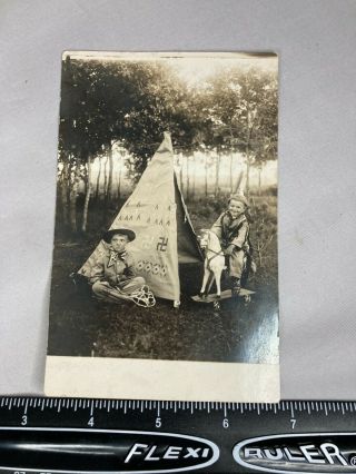 vintage PHOTO Postcard KIDS PLAYING COWBOY INDIANS WITH TEE PEE SWASTIKA 2
