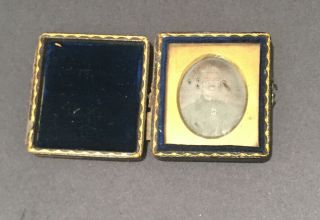 Antique Miniature Early Daguerreotype Man,  Case Bowtie 1.  5” X 2” C 1860