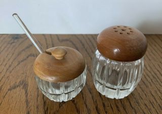 Vintage Matching Salt Cellar And Pepper Shaker Wooden Lids Glass Bottoms Austria