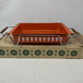 Vintage Cathrineholm Norway Orange Enamel Lotus Pan With Teak Handle Carrier
