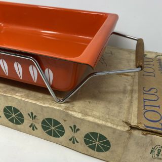 Vintage CATHRINEHOLM NORWAY Orange Enamel LOTUS Pan with Teak Handle Carrier 3