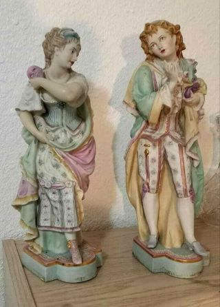 Antique Huge Continental Porcelain Bisque Couple Of Figurines,  19 " H.