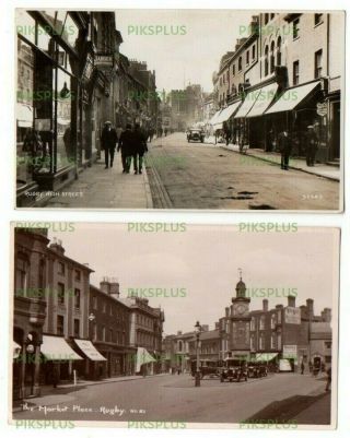 Old Postcards Rugby High Street & Market Place Warks Real Photos Vintage 1920s