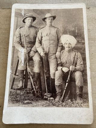 Victorian Cabinet Card Photo Three British Soldiers W/ Rifles,  Turban - India