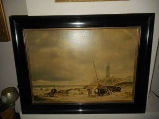 Large Old Oil Painting,  { Coast Scene,  Men On Sailboats,  Is Signed }.