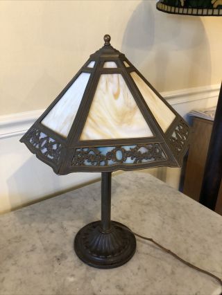 Antique 12 Panel Slag Glass Table Lamp With Filagree 5