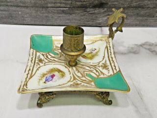 Antique Meissen Porcelain Chamber Stick Candlestick Candle Holder Bronze Mounts