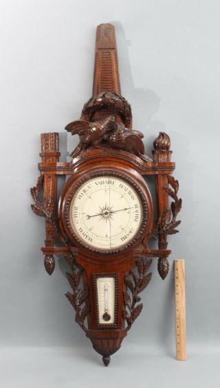 Large Antique Early - 19thc French Carved Walnut Barometer Thermometer