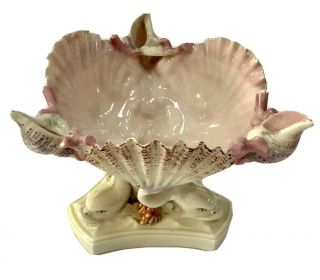 Royal Worcester 19th C Pink 3 Dolphins Fish Shells Coral Footed Pedestal Bowl