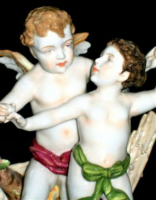 Antique German Dresden Art Deco Nude Cherub & Fairy In Love Porcelain Figurine