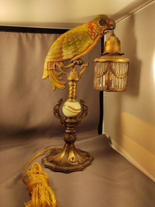 Antique Art Deco Cast Metal Cold Painted Parrot Cage Figural Lamp