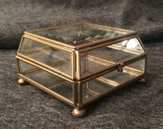 Glass & Brass Box - Trinket Jewelry - Square Etched Lid - Mirror Bottom