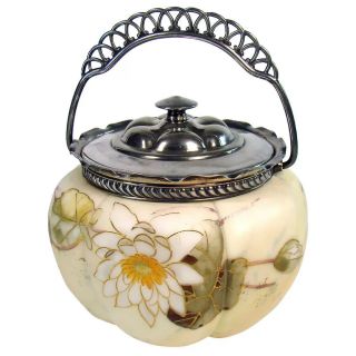 Mount Washington Glass Biscuit Jar With Silver Plated Handle - 1890 