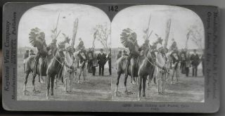 Colorado Sioux Indians In Full Feather On Racing Ponies Old Photo Stereoview