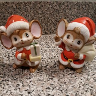 Vintage Homeco Ceramic Bisque Figurines Christmas Santa Mouse Mice Set Of 2
