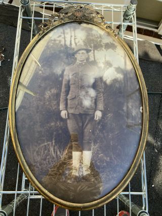 Antique Bubble Glass Ww 1 Military Soldier Metal Frame Ww1 World War One Army