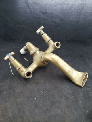 Vtg Brass Faucet Old Claw Foot Wash Tub Shower Hot Cold Salvaged Decor Rare (f2)