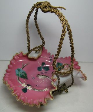 Antique Victorian Pink Crest Glass W/enamel Bird Brides Basket & Brass Holder