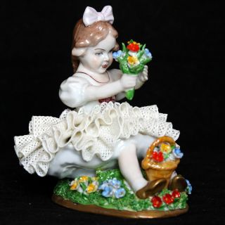 Sitzendorf Germany Dresden Lace Porcelain Figurine Girl Holding Flowers 758 LBL 2