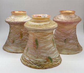 Quezal Art Glass Set Of 3 Heart & Vine Shades Signed Gold Threaded 5 - 1/2 "