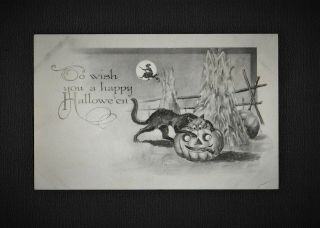 Vintage Black And White Halloween Postcard Cat Chases Mouse In Jol Perfection