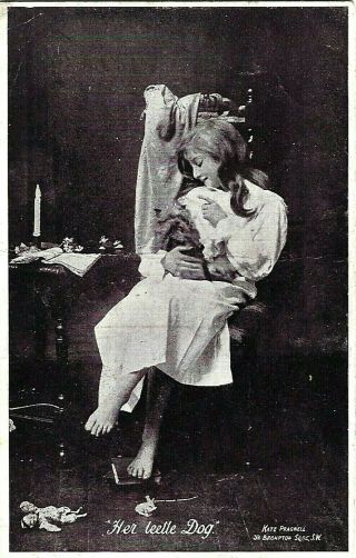 Pretty Girl & Tiny Little Dog Brussels Griffon ? Vintage Halftone Photo Postcard