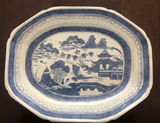 Chinese Canton,  Early 19th Century,  Blue & White 16” X 12 - 1/2” Platter