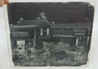 Old West Town Saloon Street View Glass Plate Negative Photo 10 " ×8 " Rare