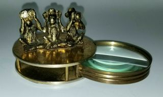 Vintage Brass Magnifying Glass Paperweight 3 Monkeys See Hear Speak No Evil