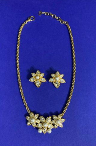 Vintage Christian Dior Pearl Brilliant Rhinestone Necklace & Earrings Set
