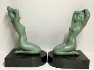 Bookends Nudes Green Art Deco Female Figures In The Style Of Frankart Exc Cond
