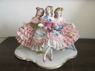 Antique Volkstedt Dresden Lace Germany Porcelain Figurine Three Girls