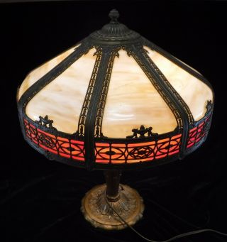Antique 24 " Victorian Art Nouveau Slag Eight Glass Panel Cast Iron Table Lamp