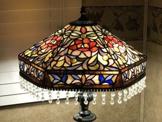 Vtg Stained Slag Glass Lamp Shade Arts & Crafts Deco Victorian Bead Fringe 15 "