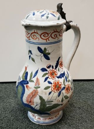 Mid 18th Century French Faience Pottery Bird/floral Motifs Lidded Pitcher
