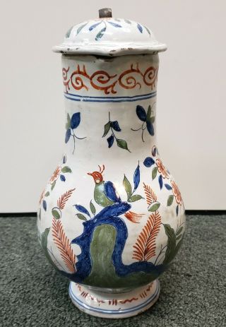 Mid 18th Century French Faience Pottery Bird/Floral Motifs Lidded Pitcher 2