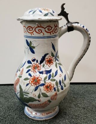 Mid 18th Century French Faience Pottery Bird/Floral Motifs Lidded Pitcher 3