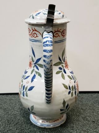 Mid 18th Century French Faience Pottery Bird/Floral Motifs Lidded Pitcher 4