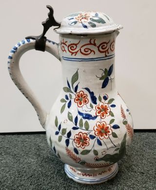Mid 18th Century French Faience Pottery Bird/Floral Motifs Lidded Pitcher 5