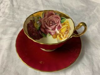 Estate Aynsley Bone China Red & Gold Tea Cup And Saucer Three Roses England