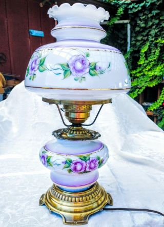 Vintage Gone With The Wind Hurricane Parlor Lamp Artist Signed Purple Roses 20 "
