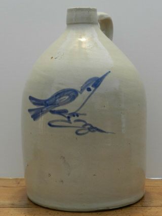 Late 19th Century 2 Gal.  Salt Glazed Cobalt Bird Jug.  Attr To Fulper Nj