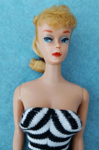 Vintage Barbie Ponytail 5 Doll Blonde With Swimsuit And Stand 3