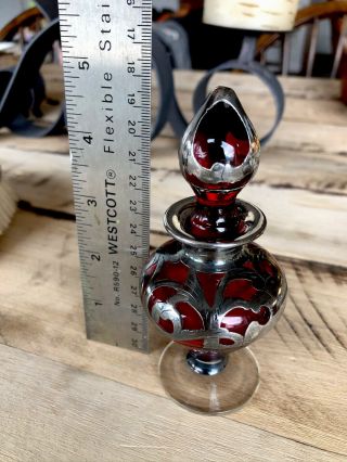 Vintage Red Glass Perfume Bottle With Silver Overlay