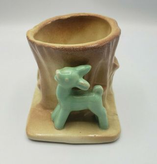 Vintage Fabco Fawn & Tree Stump Planter Vase Fredericksburg Art Pottery Co 1940s 3